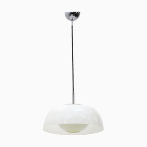 Lámpara colgante de metal cromado, metacrilato y vidrio blanco, años 60