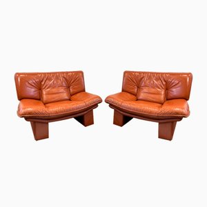 Post Modern Italian Brown Leather Lounge Chairs by Nicoletti Salotti, 1970s, Set of 2