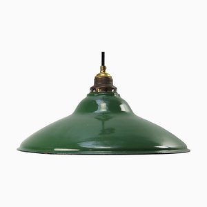 Vintage American Industrial Pendant Lamp in Green Enamel with Brass Top