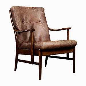 Mid-Century Danish Modern Beech & Brown Leather Armchair from Farstrup Møbler, 1970s