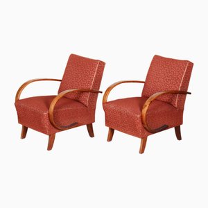 Czech Art Deco Beech & Red Fabric Armchairs attributed to Jindrich Halabala for Up Závody, 1930s, Set of 2