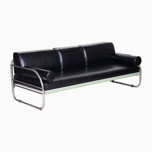 Bauhaus Sofa in Black Leather & Chrome Slezak attributed to Robert Slezak, 1930s