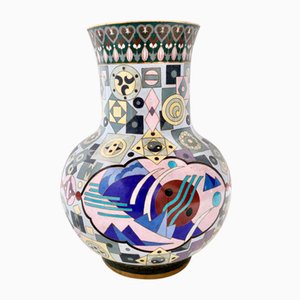 Chinese Postmodern Colorful Jingfa Cloisonné Vase with Brass Base, 1970s