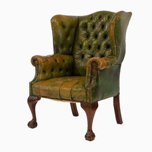 Antique Leather Button Wing Back Armchair with Claw and Ball Feet, 1920s