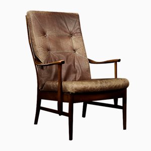 Mid-Century Danish Modern Beech & Brown Leather High Armchair from Farstrup Møbler, 1970s