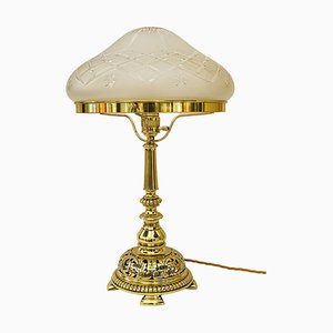 Lampada da tavolo antica con paralume in vetro tagliato, metà XIX secolo