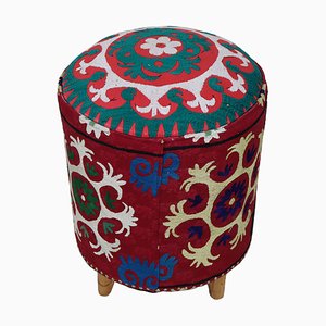 Vintage Oriental Stool with Suzani Upholstery, 1950s