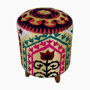 Vintage Oriental Stool with Suzani Upholstery, 1950s