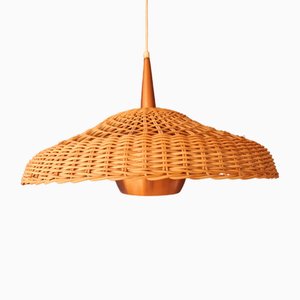 Modern Hanging Lamp in Copper and Rattan, 1970s