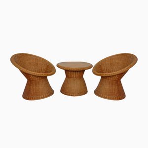 Mesa y sillas francesas de bambú, años 50. Juego de 3