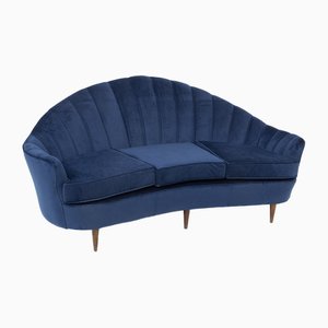 Italian Shell Sofa in Blue Velvet, 1950s