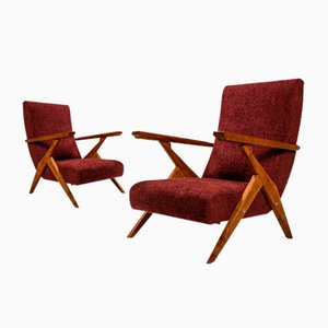 Reclining Burgundy Lounge Chairs n the Style of Antonio Gorgone, Italy, 1950s, Set of 2