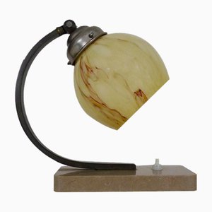 Art Deco Office Table Lamp with Swivel Head, Marble Base, Bronze Foot, & Yellow Globe Clichy, 1930s
