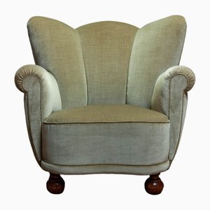 Green Velvet Wingback Lounge Chair in the style of Fritz Hansen, Denmark, 1940s