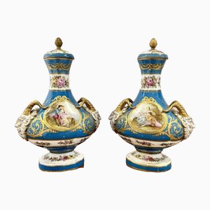 Victorian French Severs Lidded Vases, 1860s, Set of 2