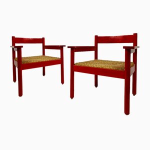 Italian Red Armchairs with Rush Seats, 1960s, Set of 2