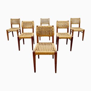 Vintage Woven Rope Dining Chairs by Adrien Audoux & Frida Minet, 1940s, Set of 6