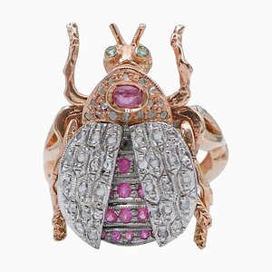 Anello Beetle in oro rosa e argento con rubini, Tsavorite e diamanti