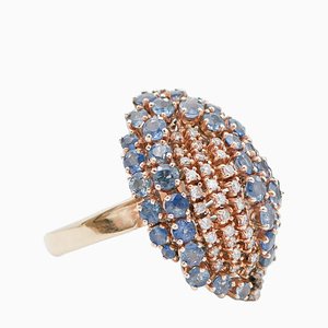 18 Karat Rose Gold Ring with Sapphires & Diamonds, 1960s