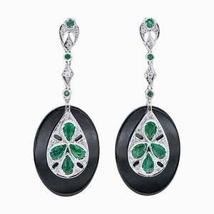 14 Karat White Gold Dangle Earrings with Onyx, Emeralds & Diamonds, 1980s, Set of 2