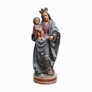 19th Century Wooden Statue of the Virgin Carrying Jezus