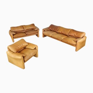 Maralunga Set in Cognac Leather by Vico Magistretti for Cassina, 1970s, Set of 3