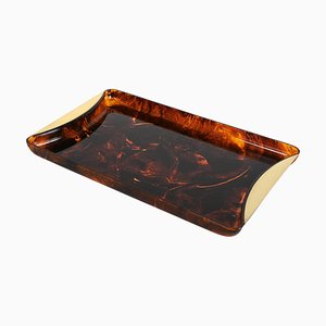 Mid-Century Italian Acrylic Glass and Brass Serving Tray with Tortoiseshell Effect from Guzzini, 1970s