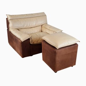 Armchair with Pouf in Leather and Suede, Italy, 1970s, Set of 2