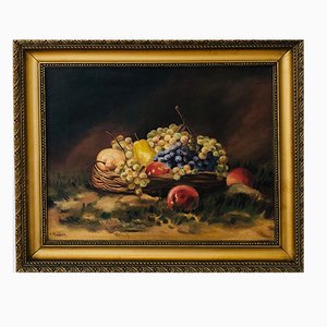 K. Haeuser, Nature Morte aux Pommes, Poires et Raisin, Olio su tela, Con cornice