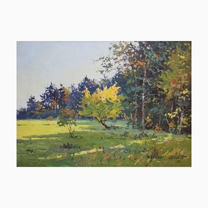 Edgars Vinters, Sunny Autumn Forest Edge, 1960s, Huile sur Panneau