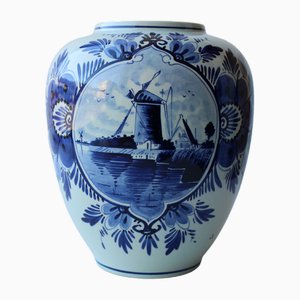 Blue Porcelain Vase with Windmill and Flowers from Delft, Holland