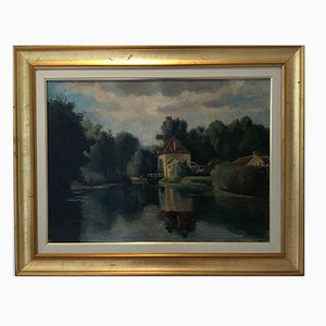 Georges Darel, Paysage animé en bord de Seine, Oil on Canvas, Framed
