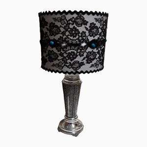 Antique Table Lamp with Silver-Plated Filigree Metal Frame and Turquoise Inserts, 1890s