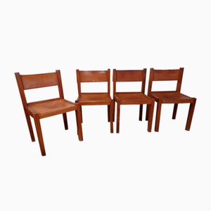 Elm and Leather Chairs, 1960s, Set of 4