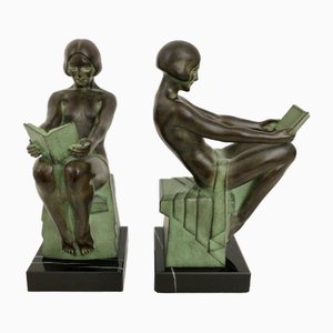 Delassement par Max Le Verrier Serre-Livres Style Art Déco Sculptures Reading Ladies, 2023, Set de 2
