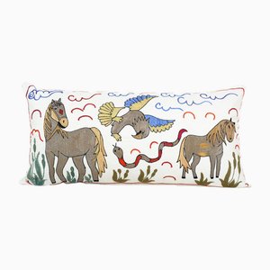 Long Vintage Uzbek Handmade Animal Samarkand Suzani Cushion Cover, 1960s