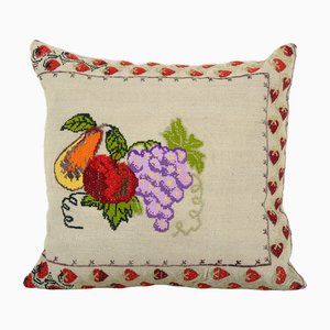 Vintage French Square Hand Woven Needlepoint Kilim Cushion Cover with Floral Pattern and Grapes