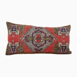 Vintage Turkish Pale Rug Lumbar Cushion Cover with Tribal Design