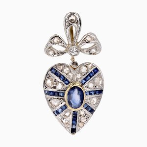 Pendentif Art Déco en Forme de Coeur en Or Jaune 18 Carats avec Saphir et Diamants, 1920s