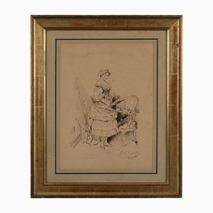 Charles Chaplin, Giovane donna in poltrona, 1876, Disegno a penna