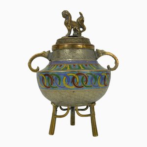 19th Century Burnt Tripod Perfume Bottle Covered in Gilded Bronze and Partitioned Enamels, Vietnam