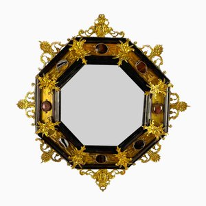 Octagonal Roman Frame with Golden Bronzes and Hard Stones