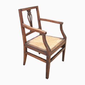 Antique Rustic Armchair in Walnut with Straw Seat