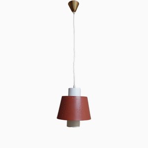 Lampada da soffitto vintage con paralume in metallo traforato rosso, anni '60