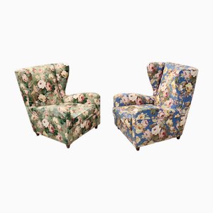 Vintage Floral Fabric Wingback Armchairs by Paolo Buffa, Italy, 1950s, Set of 2
