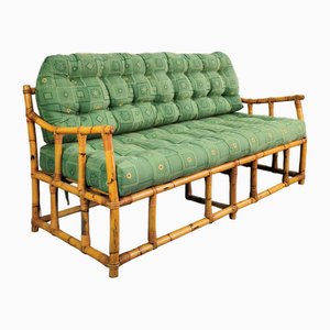 Sofá vintage de bambú, ratán y tela verde, Italia, años 60