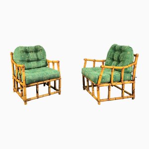 Bamboo, Rattan and Green Fabric Armchairs, Italy, 1960s, Set of 2