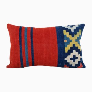 Handmade Organic Wool Lumbar Red Kilim Cushion Cover, 2010s