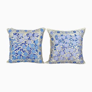 Traditional Navy Blue Silk Suzani Cushion Covers, 2010s, Set of 2