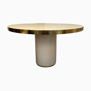 Mid-Century Modern Ivory Lacquered Round Dining Table with Brass Strapping, 1970s